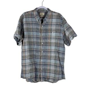 Weatherproof Vintage Mens Large Plaid Short Sleeve Linen Blend Button Down Shirt